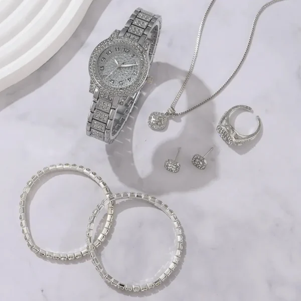 6PCS Women Watch Luxury Elegant Alloy Watch Crystal Wristwatch Set – Quartz Movement, Rhinestone Bracelet, Fashion Accessory for Ladies - Image 5