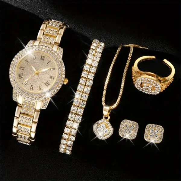 6PCS Women Watch Luxury Elegant Alloy Watch Crystal Wristwatch Set – Quartz Movement, Rhinestone Bracelet, Fashion Accessory for Ladies - Image 3