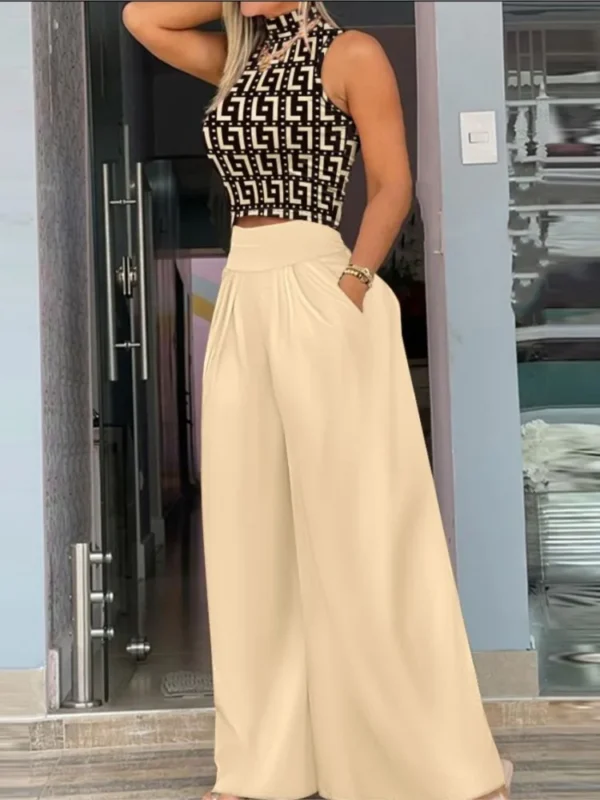 Fashion Summer Women Mock Neck Sleeveless Crop Tank Top Print Wide Leg Pants Sets Female Two Pieces Suit Set Streetwear Outfits - Image 2