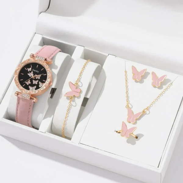6/1pcs Set Women Watch Ring Necklace Earrings Bracelet Set – Quartz Wristwatch, Butterfly Leather Strap, Fashion Accessories for Ladies - Image 4