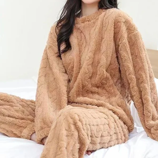 Autumn Women’s Solid Warm 2-Piece Set - Thicken Velvet Ribbed Fleece Pullover and Pants Pajama Set - Image 3