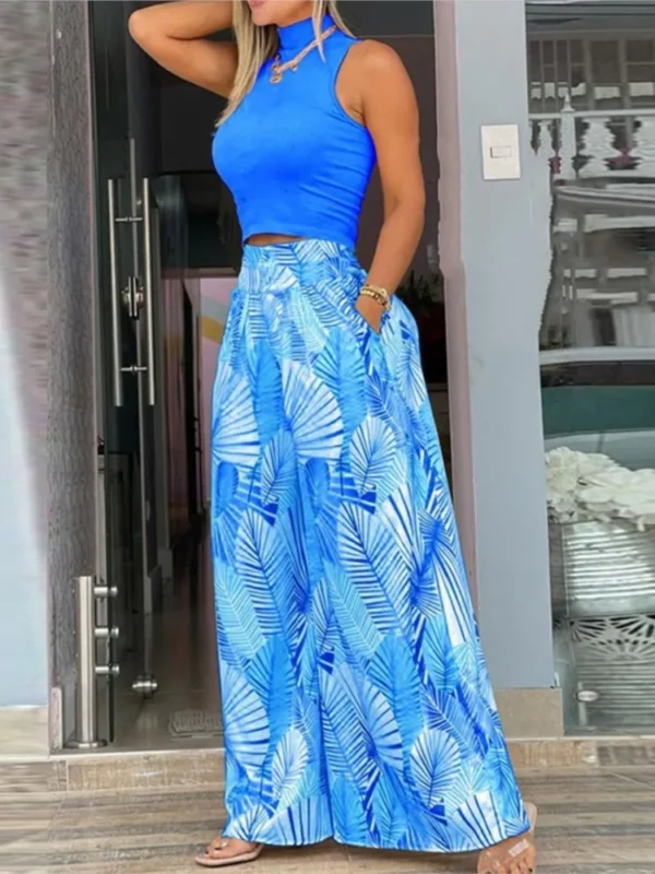 Fashion Summer Women Mock Neck Sleeveless Crop Tank Top Print Wide Leg Pants Sets Female Two Pieces Suit Set Streetwear Outfits - Image 6