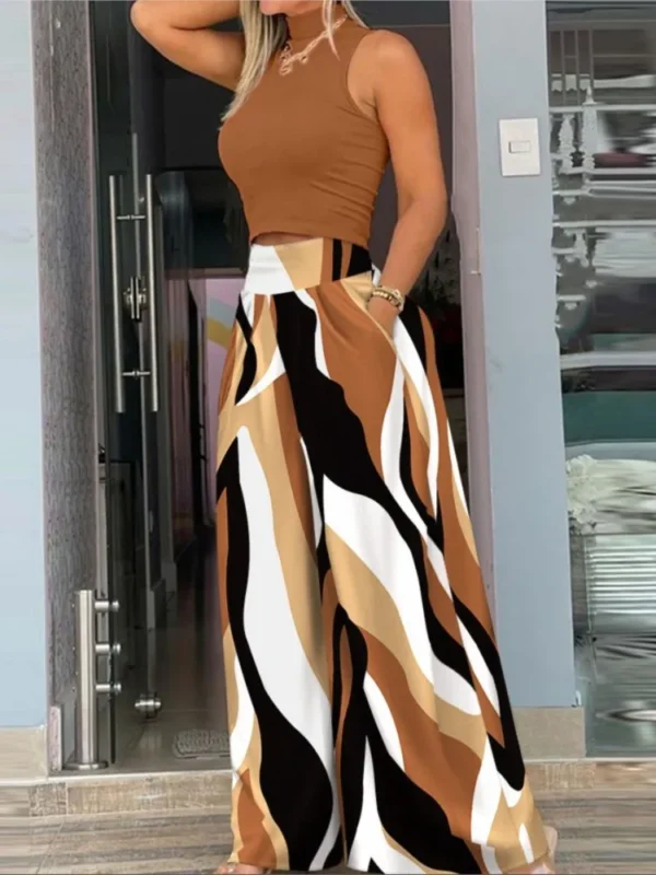 Fashion Summer Women Mock Neck Sleeveless Crop Tank Top Print Wide Leg Pants Sets Female Two Pieces Suit Set Streetwear Outfits - Image 3