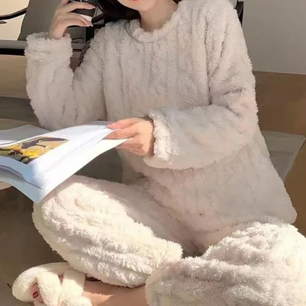 Autumn Women’s Solid Warm 2-Piece Set - Thicken Velvet Ribbed Fleece Pullover and Pants Pajama Set - Image 6