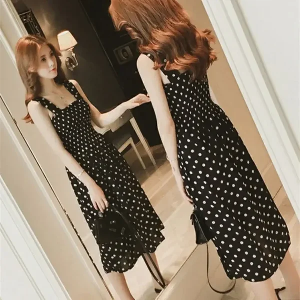 Robe Femme Summer Polka Dot Women's Dress – Elegant Square Neck Sleeveless Chiffon Long Dress - Image 4