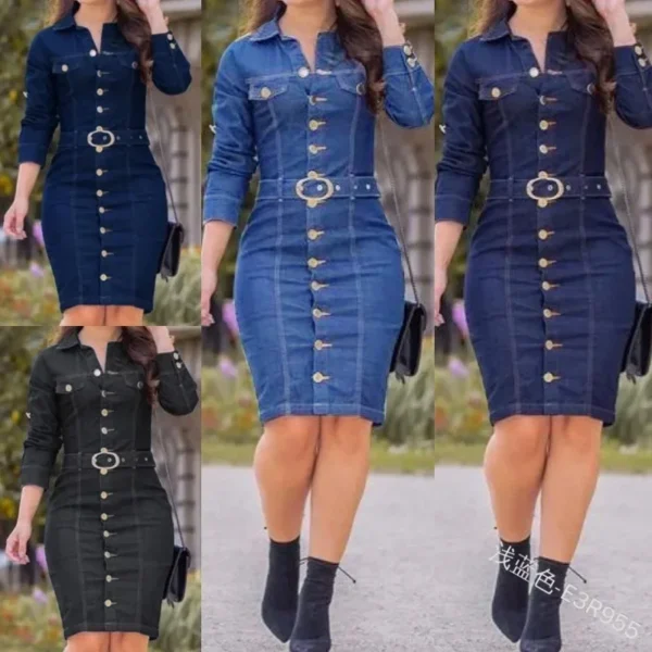 Women’s Denim Mini Dress – Long Sleeve, High Waist, and Slim Bodycon Fit - Image 3