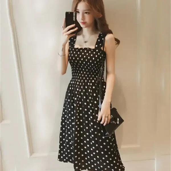 Robe Femme Summer Polka Dot Women's Dress – Elegant Square Neck Sleeveless Chiffon Long Dress - Image 3