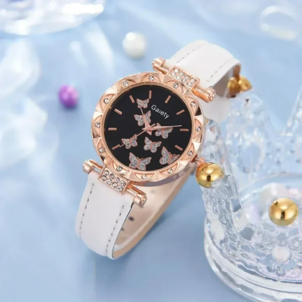 6/1pcs Set Women Watch Ring Necklace Earrings Bracelet Set – Quartz Wristwatch, Butterfly Leather Strap, Fashion Accessories for Ladies - Image 6