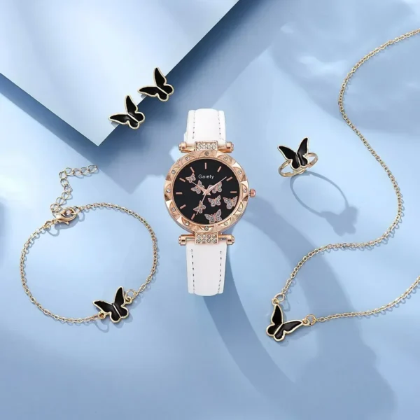 6/1pcs Set Women Watch Ring Necklace Earrings Bracelet Set – Quartz Wristwatch, Butterfly Leather Strap, Fashion Accessories for Ladies - Image 5