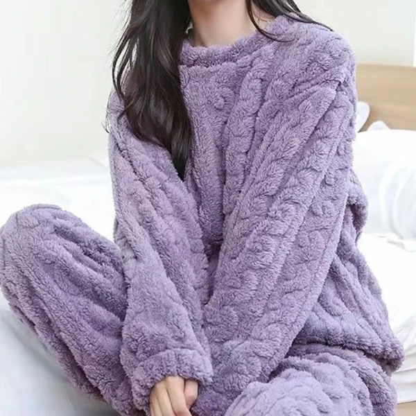 Autumn Women’s Solid Warm 2-Piece Set - Thicken Velvet Ribbed Fleece Pullover and Pants Pajama Set - Image 4