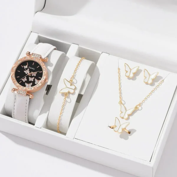 6/1pcs Set Women Watch Ring Necklace Earrings Bracelet Set – Quartz Wristwatch, Butterfly Leather Strap, Fashion Accessories for Ladies - Image 2