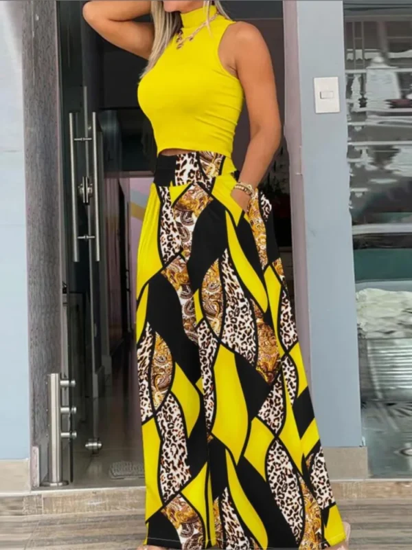 Fashion Summer Women Mock Neck Sleeveless Crop Tank Top Print Wide Leg Pants Sets Female Two Pieces Suit Set Streetwear Outfits - Image 5