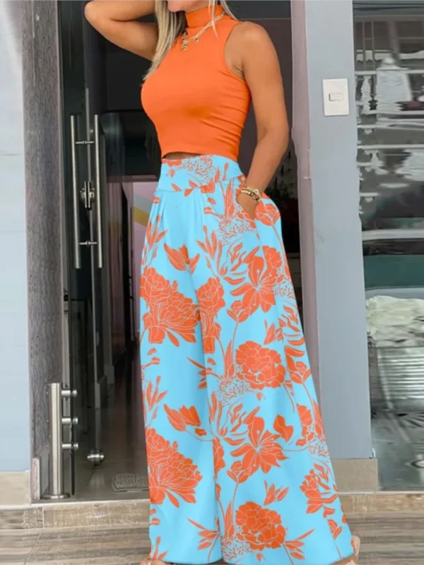 Fashion Summer Women Mock Neck Sleeveless Crop Tank Top Print Wide Leg Pants Sets Female Two Pieces Suit Set Streetwear Outfits