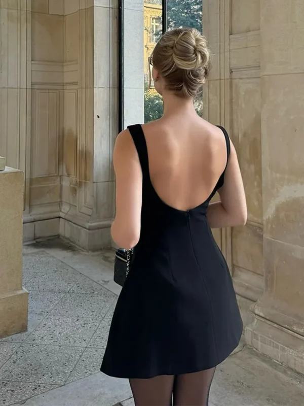 Fashion Solid Round Neck A-line Women Dress | Sexy Sleeveless Backless Mini Dresses | 2025 Chic New Lady Evening Party Club Vestidos - Image 3