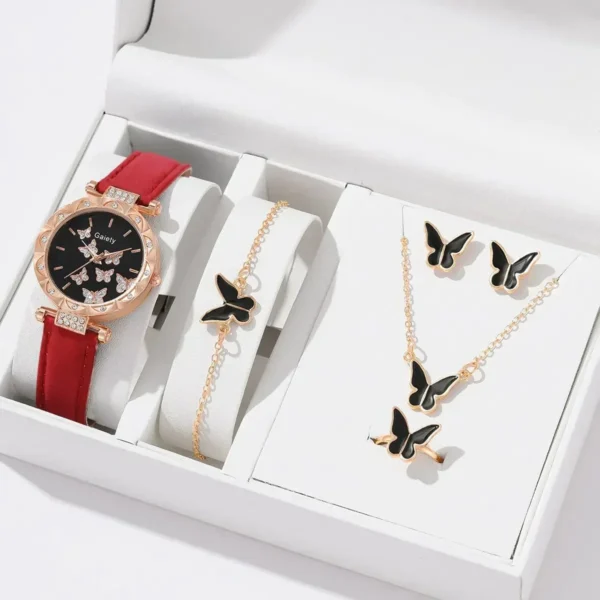 6/1pcs Set Women Watch Ring Necklace Earrings Bracelet Set – Quartz Wristwatch, Butterfly Leather Strap, Fashion Accessories for Ladies - Image 3