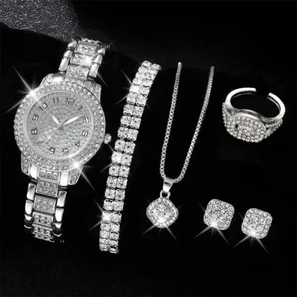 6PCS Women Watch Luxury Elegant Alloy Watch Crystal Wristwatch Set – Quartz Movement, Rhinestone Bracelet, Fashion Accessory for Ladies - Image 2