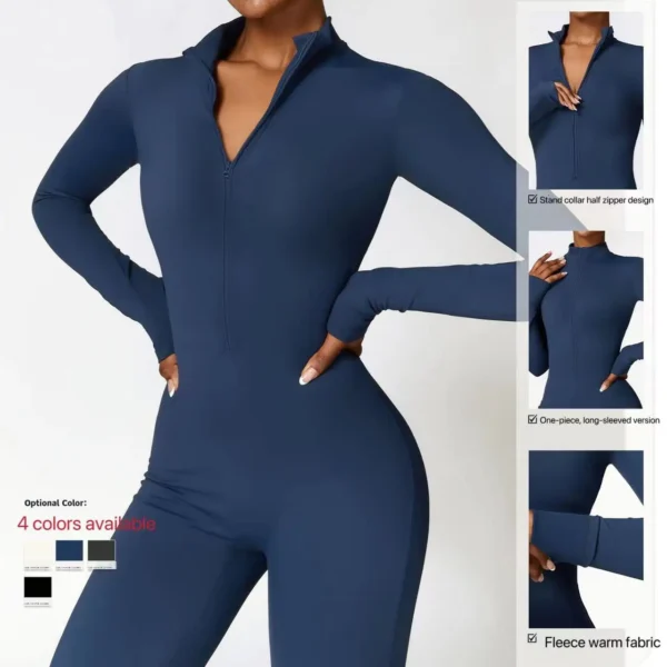 Winter Autumn Women's One-Piece Yoga Jumpsuit – Long-Sleeved Warm Ski Overalls, High Elastic Cycling Bodysuit - Image 3